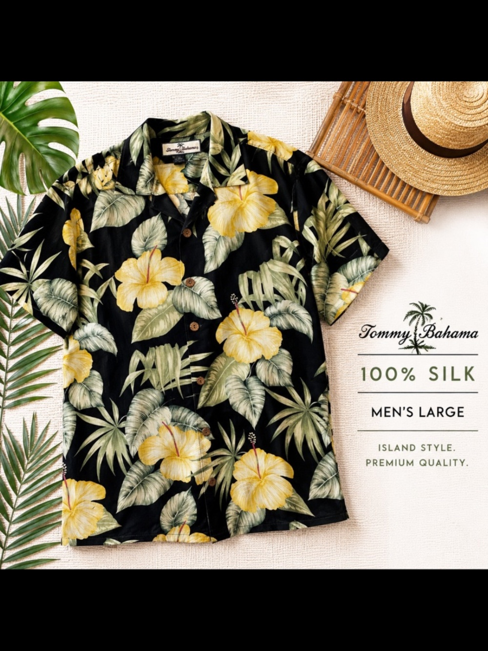 Tommy Bahama 100% Silk Hawaiian Camp Shirt Mens Large Black Yellow Hibiscus